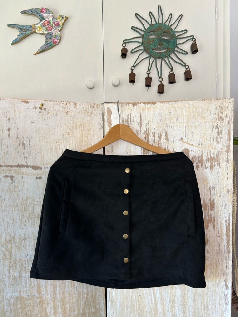 Black Button-Front Microsuede Mini Skirt